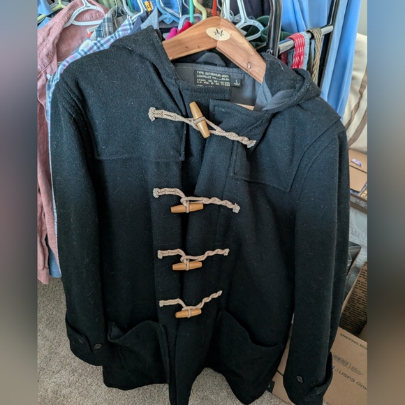 J. Crew Other - J. Crew Mens Black Wool Duffle Coat Hooded Toggle Jacket Size Large